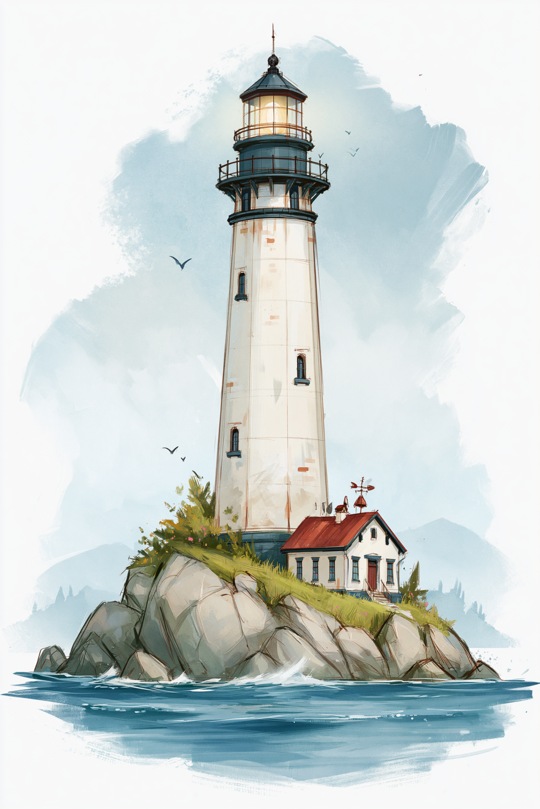 Vintage Lighthouse Printable Wall Art - Coastal Ocean Painting Beach House Poster