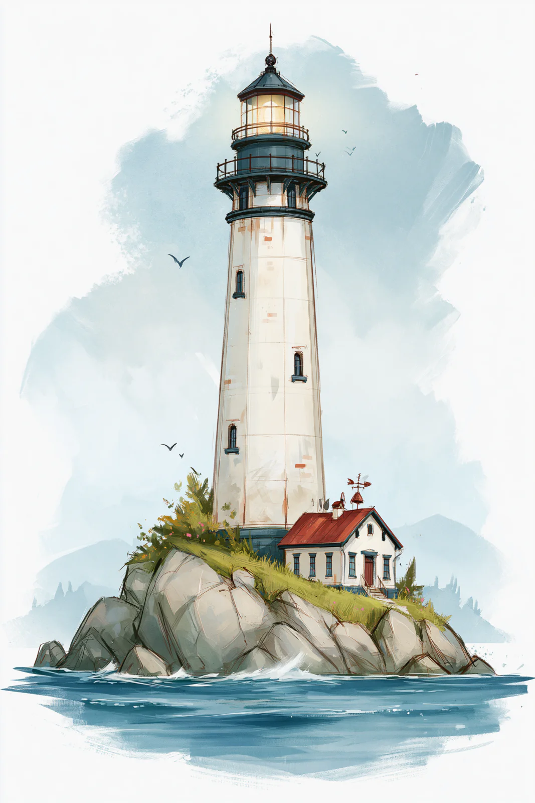 Vintage Lighthouse Printable Wall Art - Coastal Ocean Painting Beach House Poster