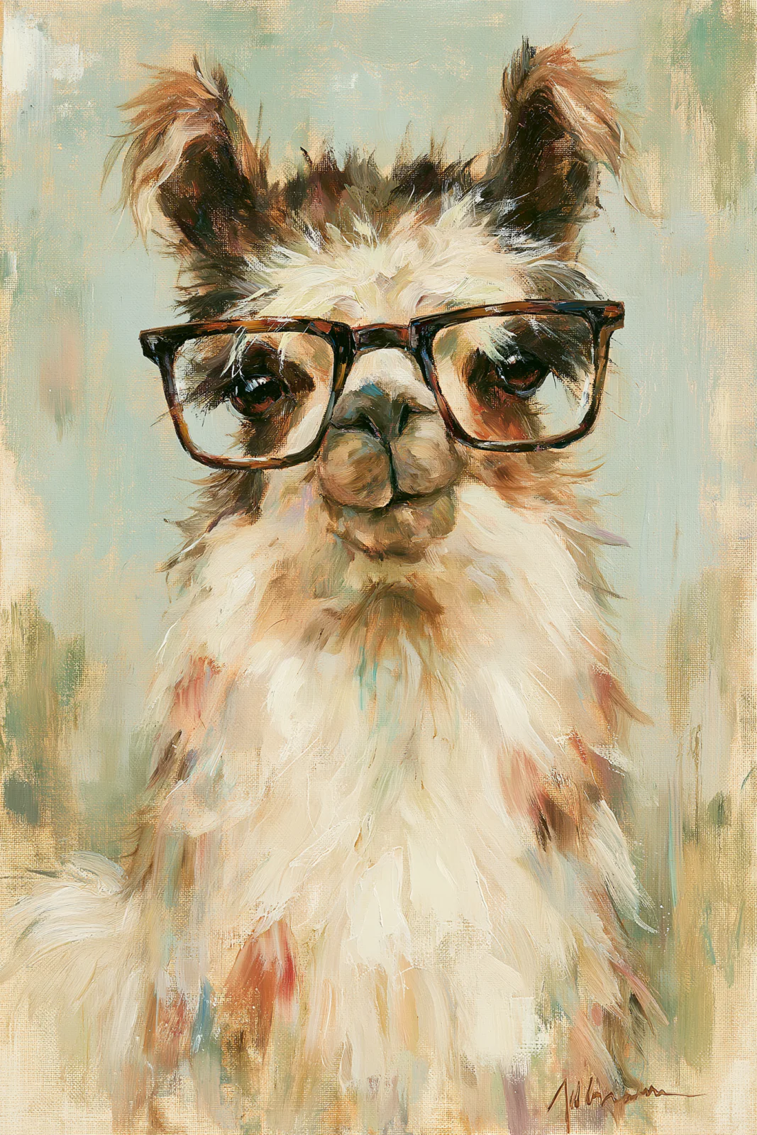 Llama in Glasses Printable Wall Art – Funny Alpaca Oil Painting Poster, Whimsical Animal Portrait, Farmhouse & Nursery Decor