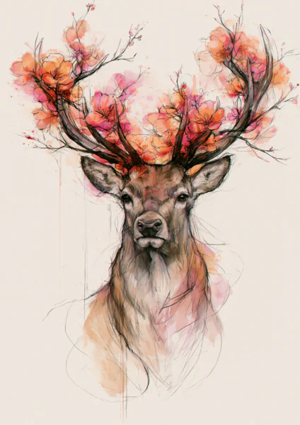 Floral Stag Watercolor Printable Wall Art – Majestic Deer with Blossom Antlers Poster & Botanical Woodland Wildlife Print