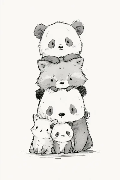 Cute Animal Stack Printable Wall Art – Cute Panda & Raccoon Nursery Illustration Poster