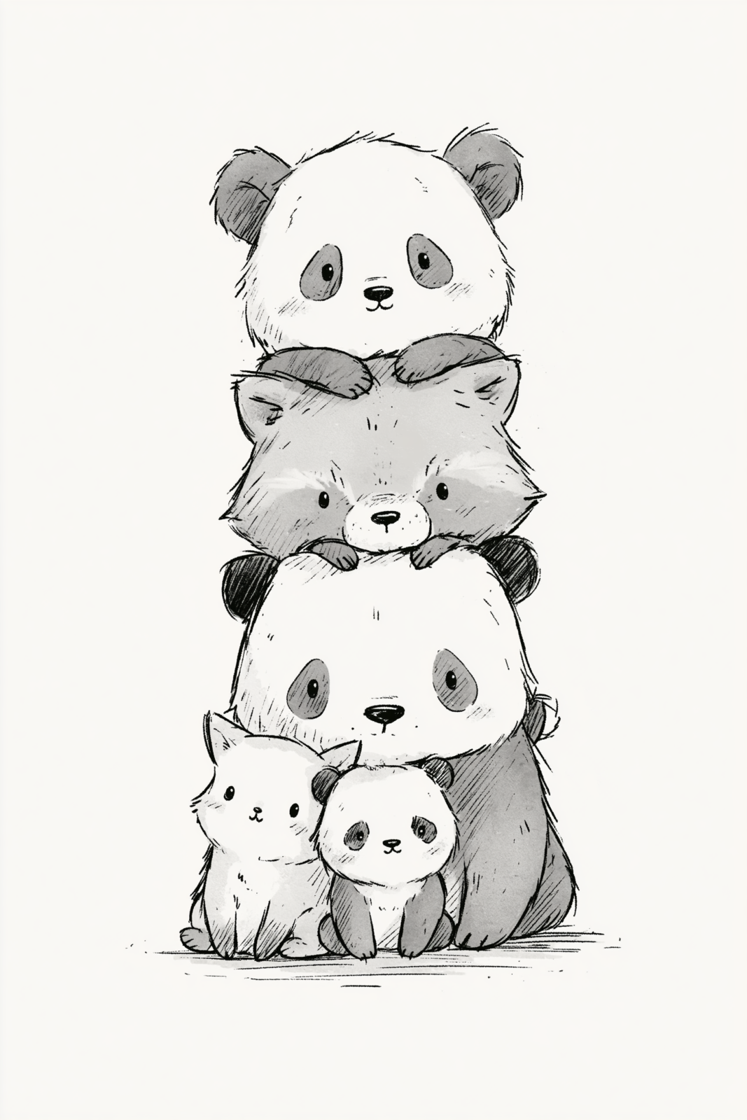 Cute Animal Stack Printable Wall Art - Cute Panda & Raccoon Nursery Illustration Poster