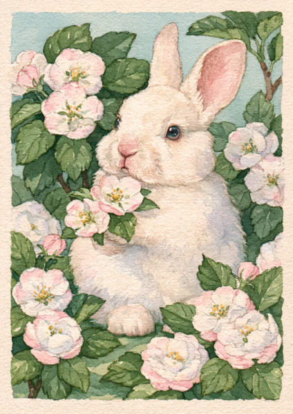 Watercolor Bunny Printable Wall Art – Cute Spring Rabbit in Apple Blossoms Poster, Cottagecore Nursery Floral Decor