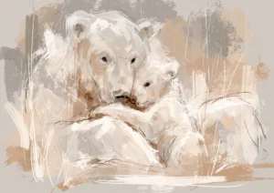 Polar Bear Mother & Cub Wall Art Printable – Neutral Beige Bear Family Painting Poster, Tender Nursery Wildlife Digital Art Print