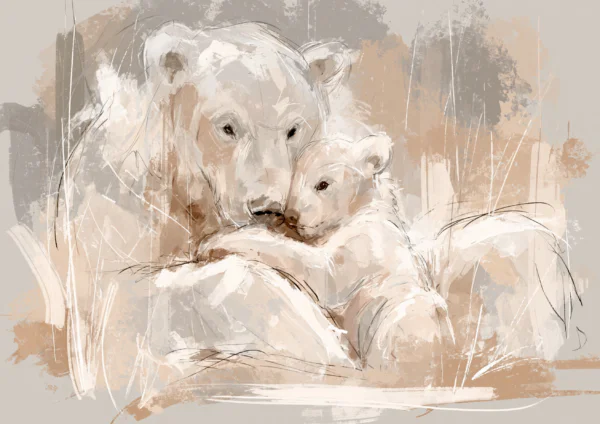 Polar Bear Mother & Cub Wall Art Printable – Neutral Beige Bear Family Painting Poster, Tender Nursery Wildlife Digital Art Print