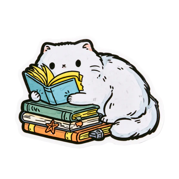 Reading Cat Printable Sticker PNG – Cute White Kitty with Books Die Cut Graphic, Bookish Reader Journal Sticker Digital Download