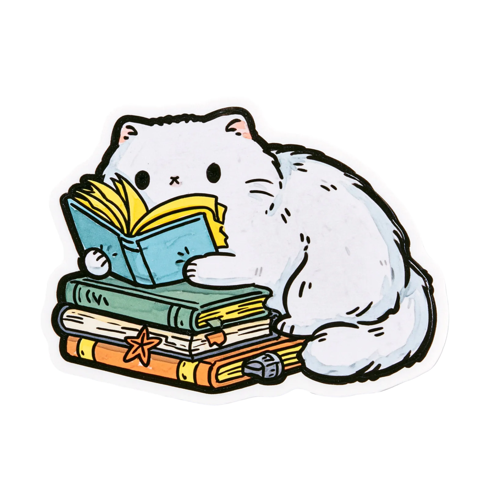 Reading Cat Printable Sticker PNG – Cute White Kitty with Books Die Cut Graphic, Bookish Reader Journal Sticker Digital Download
