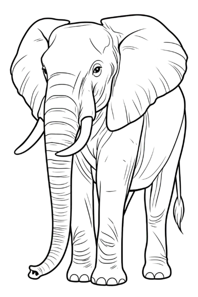 Elephant Coloring Page Printable – Realistic African Elephant Line Art Sheet, Safari Wildlife Activity Digital Download
