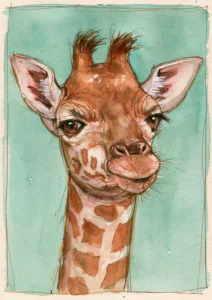 Cute Baby Giraffe Watercolor Printable Wall Art – Whimsical Ink Sketch Safari Poster, Sage Green & Earthy Nursery Room Decor