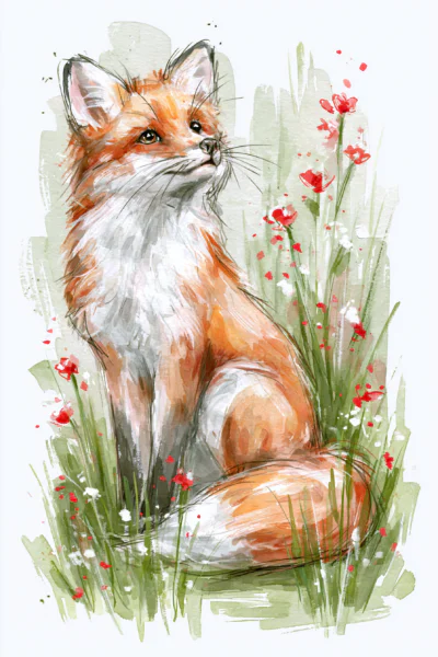 Watercolor Red Fox Printable Wall Art – Woodland Animal in Wildflowers Poster, Cottagecore Nature & Nursery Decor