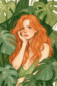 Redhead Girl in Monstera Leaves Printable Wall Art – Whimsical Botanical Portrait Poster, Tropical Greenery Aesthetic Decor