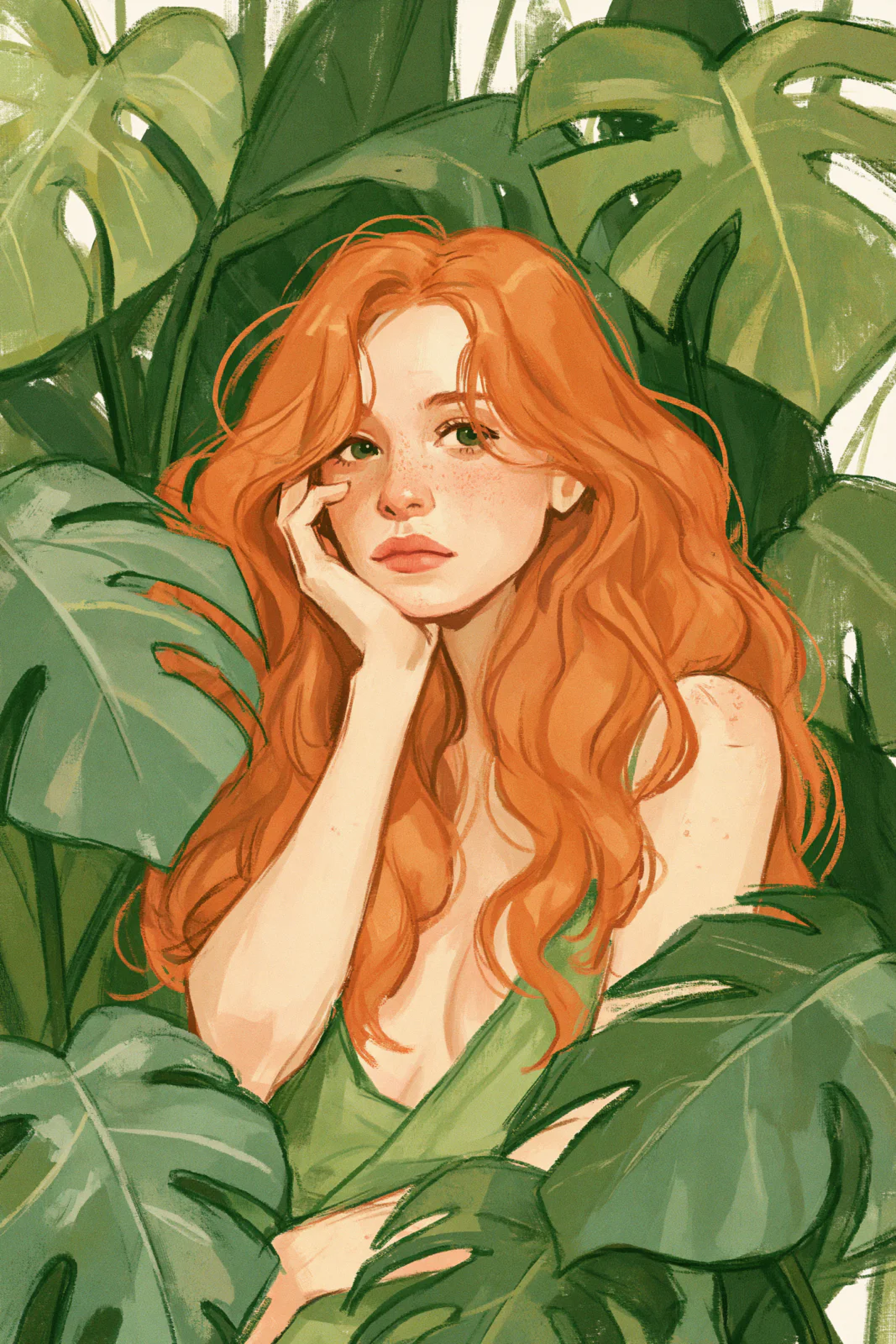 Redhead Girl in Monstera Leaves Printable Wall Art – Whimsical Botanical Portrait Poster, Tropical Greenery Aesthetic Decor Redhead Girl in Monstera Leaves Printable Wall Art – Whimsical Botanical Portrait Poster, Tropical Greenery Aesthetic Decor