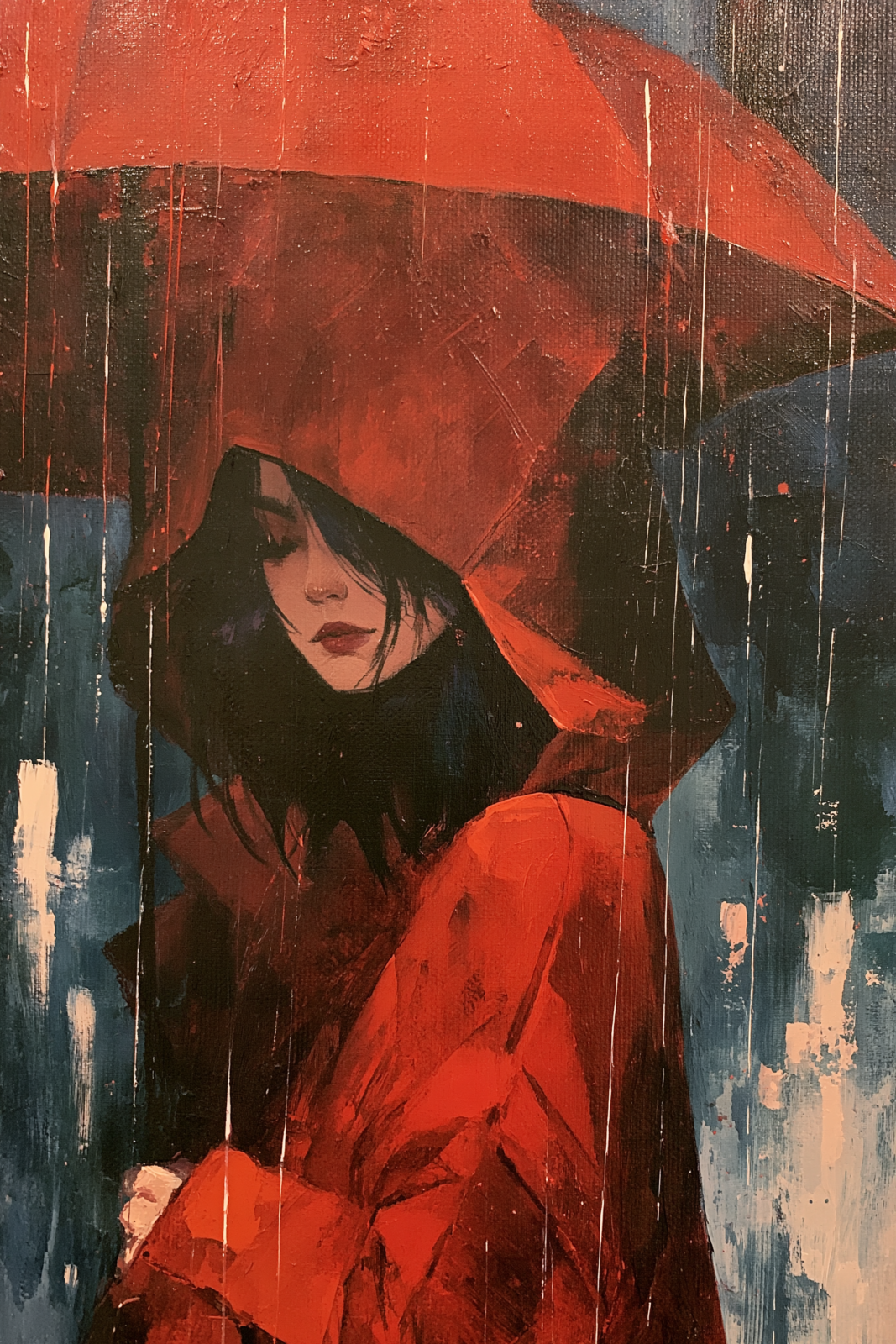 Moody Girl with Red Umbrella Printable Wall Art – Rainy Day Impasto Oil Painting Poster & Red Coat Woman Portrait Decor