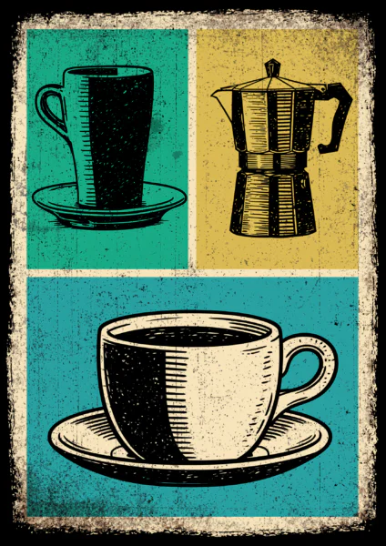 Retro Coffee & Moka Pot Printable Wall Art – Vintage Kitchen Decor & Espresso Bar Linocut Poster