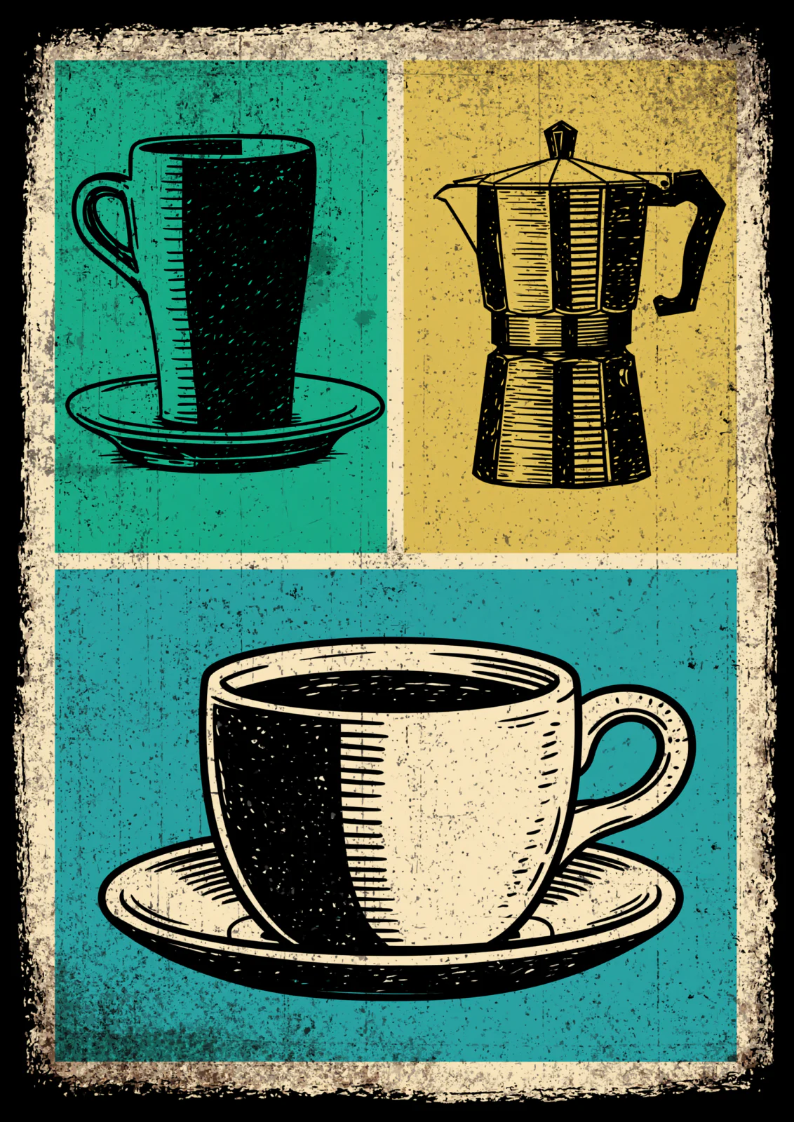 Retro Coffee & Moka Pot Printable Wall Art – Vintage Kitchen Decor & Espresso Bar Linocut Poster