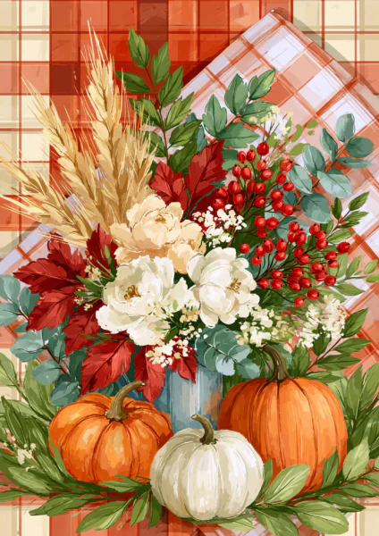 Cozy Cottagecore Autumn Floral & Pumpkin Wall Art – Rustic Farmhouse Plaid Decor Printable Poster