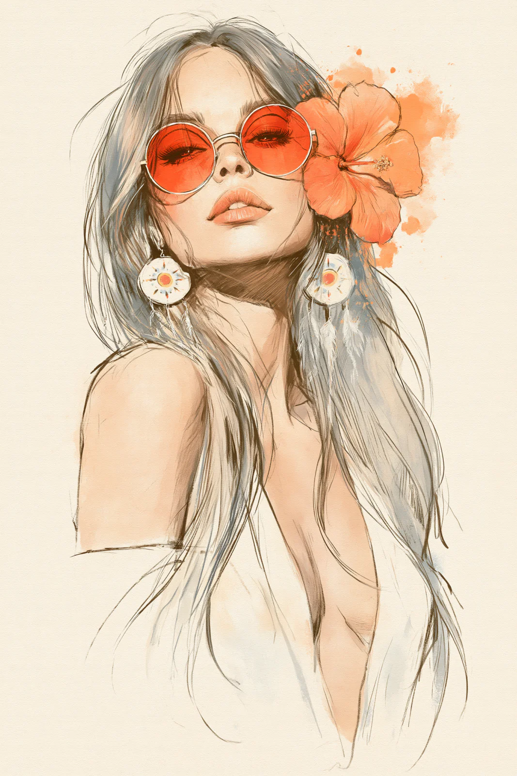 Boho Chic Woman Wall Art Printable – Retro Summer Girl with Sunglasses & Hibiscus Flower Poster, Vintage Tropical Fashion Digital Print