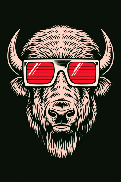 Cool Bison in Sunglasses Printable Wall Art – Retro 80s Funny Buffalo Linocut Style Poster