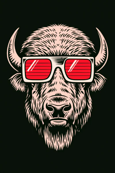 Cool Bison in Sunglasses Printable Wall Art – Retro 80s Funny Buffalo Linocut Style Poster