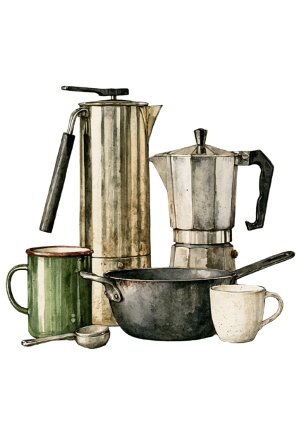 Vintage Coffee Maker & Moka Pot Sticker Printable – Watercolor Kitchen Clipart PNG & Cottagecore Planner Decal