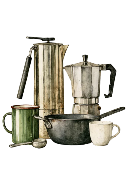 Vintage Coffee Maker Clipart PNG – Watercolor Moka Pot & Rustic Kitchenware Illustration, Cozy Cafe Digital Graphic