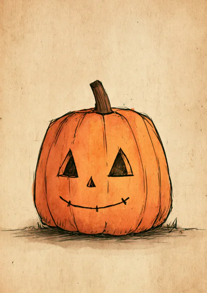Vintage Jack-o'-Lantern Printable Wall Art & Postcard – Classic Halloween Pumpkin Ink & Watercolor Poster