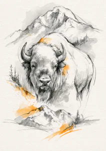 Bison Wall Art Printable – Rustic American Buffalo Mountain Sketch Poster, Vintage Wildlife Ink Painting Digital Print