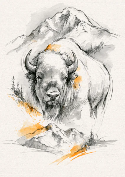 Bison Wall Art Printable – Rustic American Buffalo Mountain Sketch Poster, Vintage Wildlife Ink Painting Digital Print