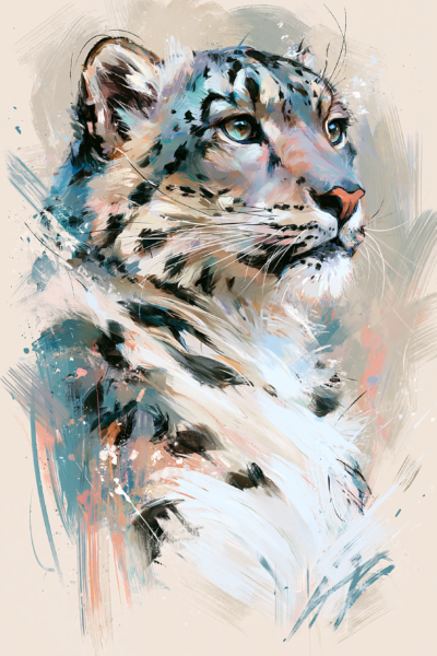 Expressive Snow Leopard Printable Wall Art – Modern Painterly Big Cat Portrait Poster, Pastel Brushstroke Wildlife Decor