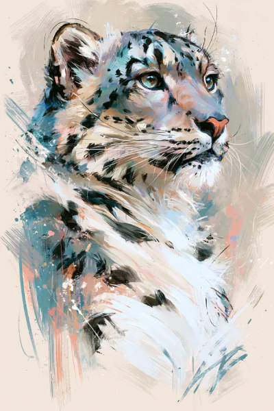 Expressive Snow Leopard Printable Wall Art – Modern Painterly Big Cat Portrait Poster, Pastel Brushstroke Wildlife Decor