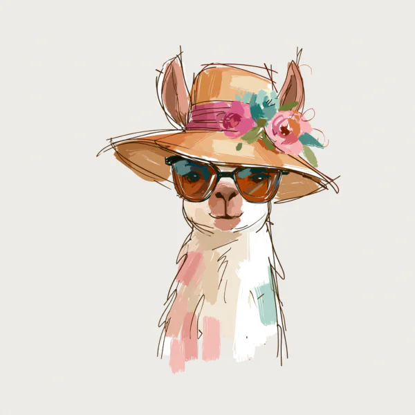 Cute Summer Llama Printable Wall Art – Whimsical Llama in Sun Hat & Sunglasses Poster, Fashion Animal Portrait Decor