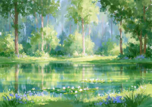 Impressionist Forest Pond with Water Lilies Printable Wall Art – Sunlit Woodland Lake Oil Painting Poster, Serene Monet Style Nature Decor