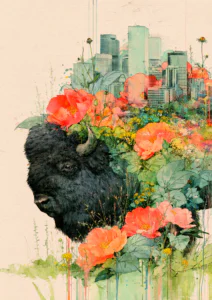 Surreal Bison in City Skyline Printable Wall Art – Watercolor Buffalo with Flowers & Urban Skyscrapers Poster, Eclectic Modern Nature Decor Surreal Bison in City Skyline Printable Wall Art – Watercolor Buffalo with Flowers & Urban Skyscrapers Poster, Eclectic Modern Nature Decor