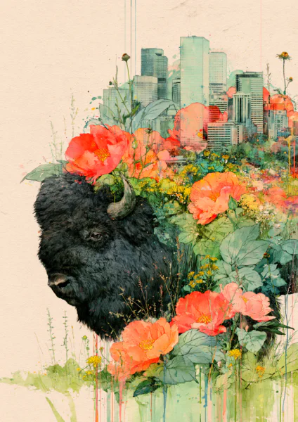 Surreal Bison in City Skyline Printable Wall Art – Watercolor Buffalo with Flowers & Urban Skyscrapers Poster, Eclectic Modern Nature Decor