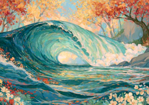 Surreal Ocean Wave in Autumn Forest Printable Wall Art – Impressionist Teal Wave with Golden Autumn Trees & Flowers Poster, Ethereal Nature Decor