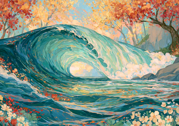 Surreal Ocean Wave in Autumn Forest Printable Wall Art – Impressionist Teal Wave with Golden Autumn Trees & Flowers Poster, Ethereal Nature Decor