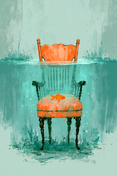 Surreal Submerged Chair with Goldfish Printable Wall Art – Dreamy Underwater Turquoise & Orange Oil Painting Poster, Eclectic Aesthetic Decor