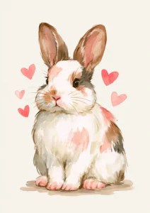 Cute Bunny Wall Art Printable – Sweet Watercolor Rabbit with Hearts Poster, Baby Nursery & Playroom Animal Digital Decor Print