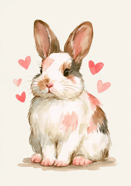 Cute Bunny Wall Art Printable – Sweet Watercolor Rabbit with Hearts Poster, Baby Nursery & Playroom Animal Digital Decor Print