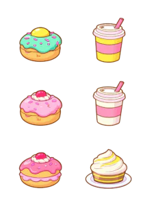 Cute Kawaii Donut & Coffee Clipart PNG Set – Pastel Sweets Bakery Graphics, Cupcake & Iced Drink Digital Illustration Bundle