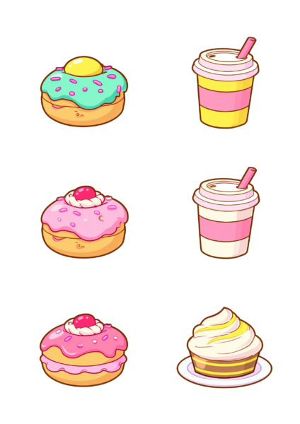 Cute Coffee and Donuts Printable Sticker Pack PNG – Kawaii Sweets & Iced Coffee Decals for Planner, Journal, Laptop & Scrapbooking Clipart