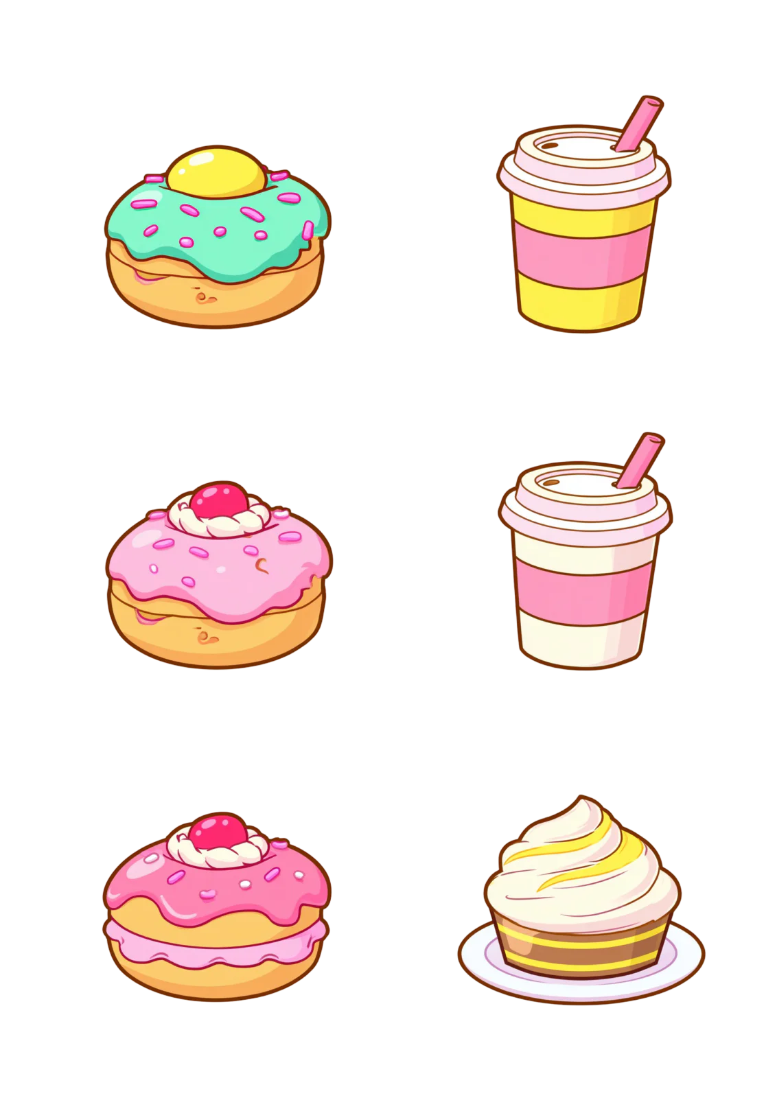 Cute Coffee and Donuts Printable Sticker Pack PNG – Kawaii Sweets & Iced Coffee Decals for Planner, Journal, Laptop & Scrapbooking Clipart