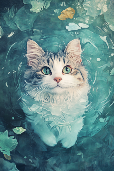 Cute Fluffy Cat in Water Printable Wall Art – Dreamy Magic Aesthetic Fantasy Painting Poster