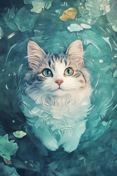 Cute Fluffy Cat in Water Printable Wall Art – Dreamy Magic Aesthetic Fantasy Painting Poster