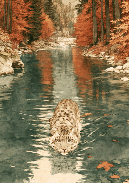Snow Leopard Swimming in Autumn River Printable Wall Art – Vintage Japanese Woodblock Style Forest Landscape Poster