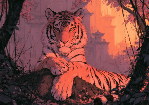 Maximalist Pink Tiger Wall Art – Asian Temple & Cherry Blossom Printable Poster, Moody Japanese Aesthetic Wildlife Print