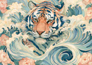 Maximalist Japanese Wave Tiger Printable Wall Art – Ukiyo-e Style Tiger in Ocean Waves & Peonies Poster