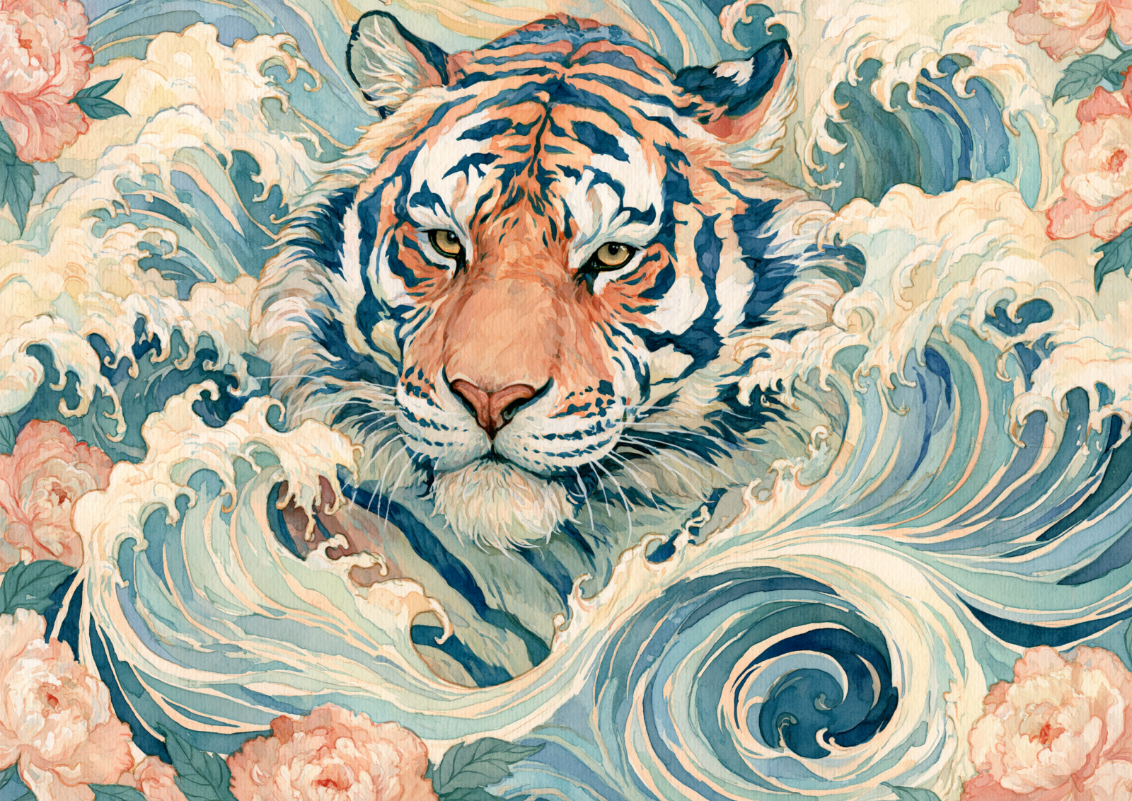 Maximalist Japanese Wave Tiger Printable Wall Art – Ukiyo-e Style Tiger in Ocean Waves & Peonies Poster