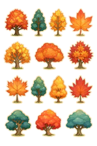 Printable Autumn Trees & Fall Leaves Sticker Sheet PNG - Cozy Foliage Clipart Set