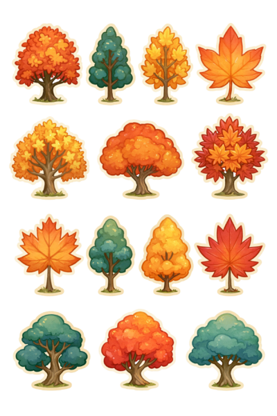 Printable Autumn Trees & Fall Leaves Sticker Sheet PNG – Cozy Foliage Clipart Set